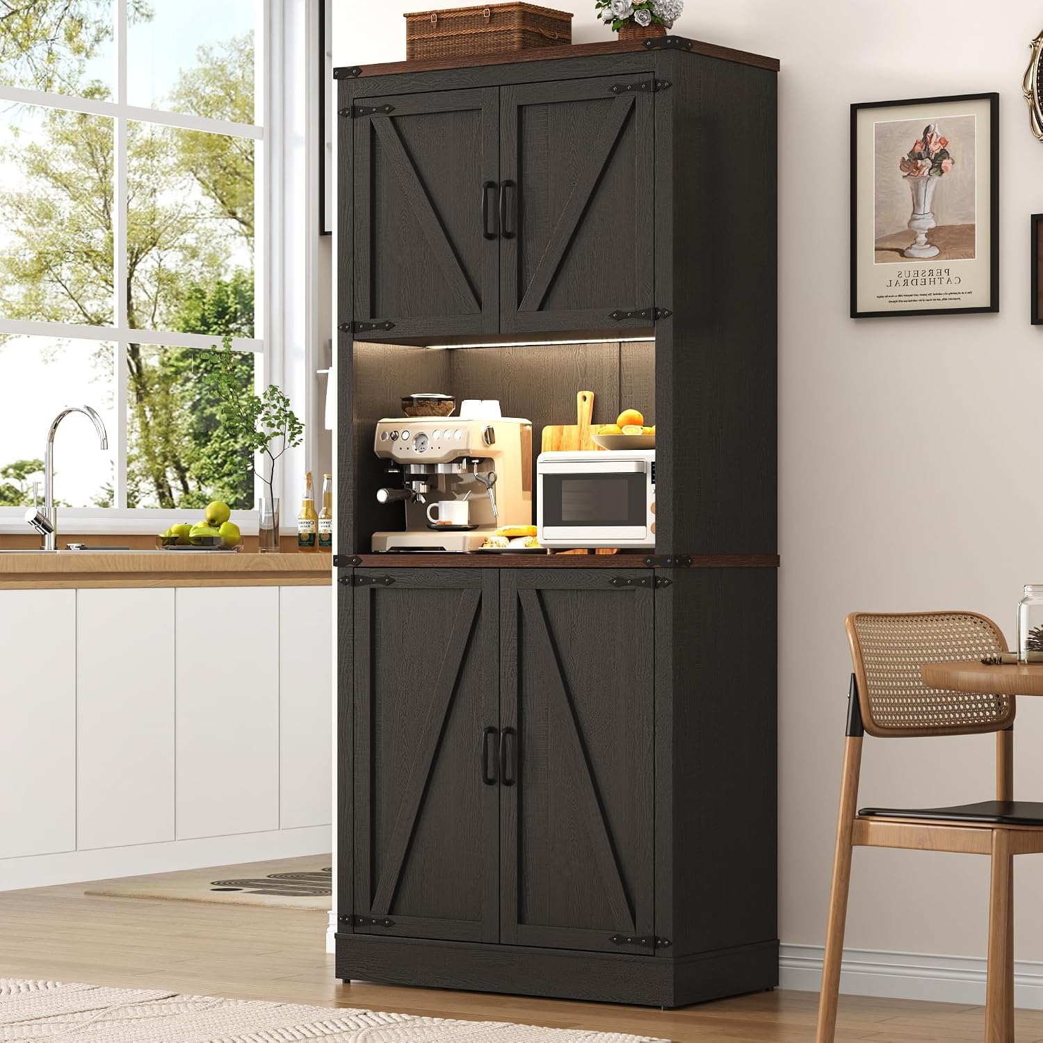 72" Tall Farmhouse Kitchen Pantry Cabinet with LED Light and Power Outlet,Modern Farmhouse Kitchen Storage Cabinet w Load-Bearing Steel Pipe,Barn Doors, Organizer,Food Pantry Cabinets(Black)