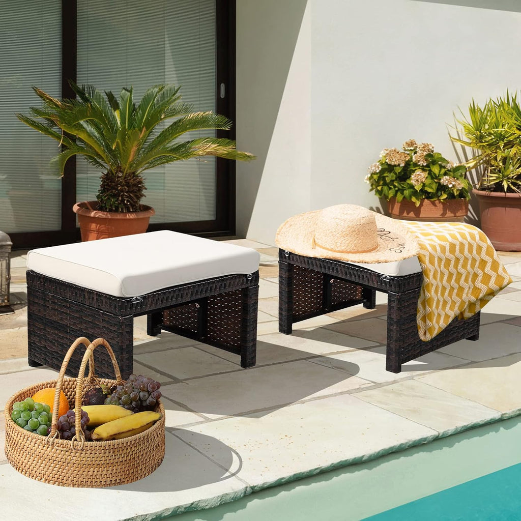 2-Piece Wicker Ottomans, Outdoor Rattan Foot Rest Set of 2 w/Removable Cushions, Multipurpose Foot Stool, Side Table & Additional Seating for Patio, Backyard & Poolside (Off White)