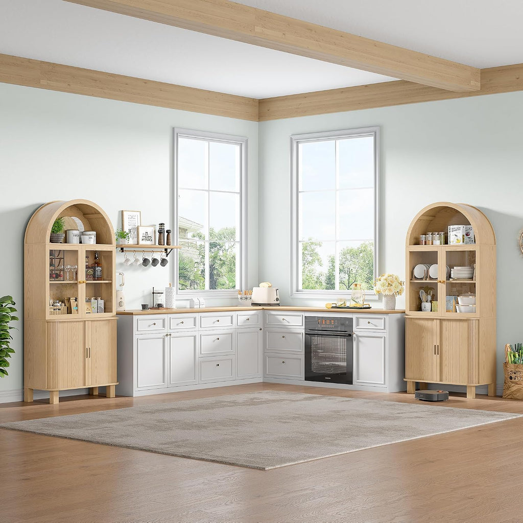 69" Tall Kitchen Pantry Storage Cabinet with Sliding Door, Modern Curved Edge Pantry Storage Cabinet with Glass Door & Adjustable Shelves, Oak Cupboard for Kitchen, Dining Room, Living Room, Office