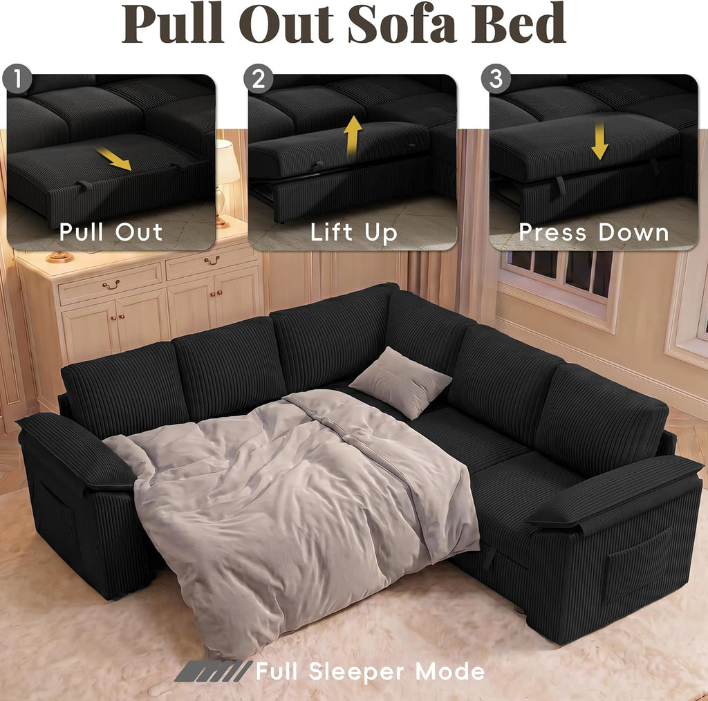 85 In L Shaped Modular Sectional Sofa Couch for Living Room, Black | Pull Out Sleeper Bed, 5 Seat Modular Design, Hidden Storage Space, Soft Corduroy Fabric, Removable Covers, Easy Assembly