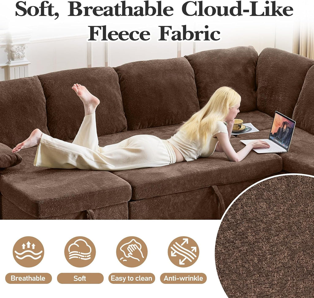 VINGLI Sectional Sleeper Sofa with Pull Out Couch Bed, 111 Inch U-Shaped Convertible Sofa Bed, 7 Seat Modular Sectional Couches for Living Room with Storage Chaise, USB Charging, Side Pockets
