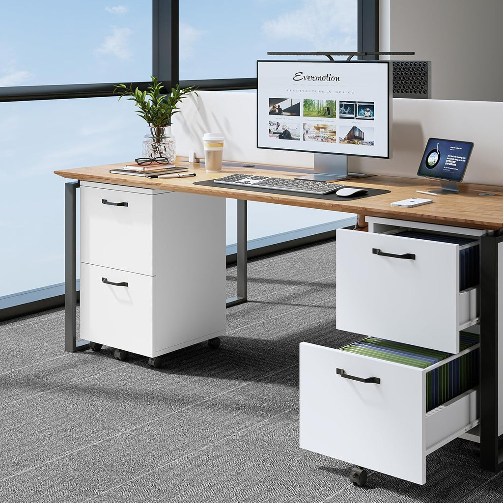 DUMOS 2 Drawer Filing Cabinet, Rolling Wood File Cabinet for Home Office, Under Desk Storage with Lockable Wheels, Printer Stand, Office Organizer, White