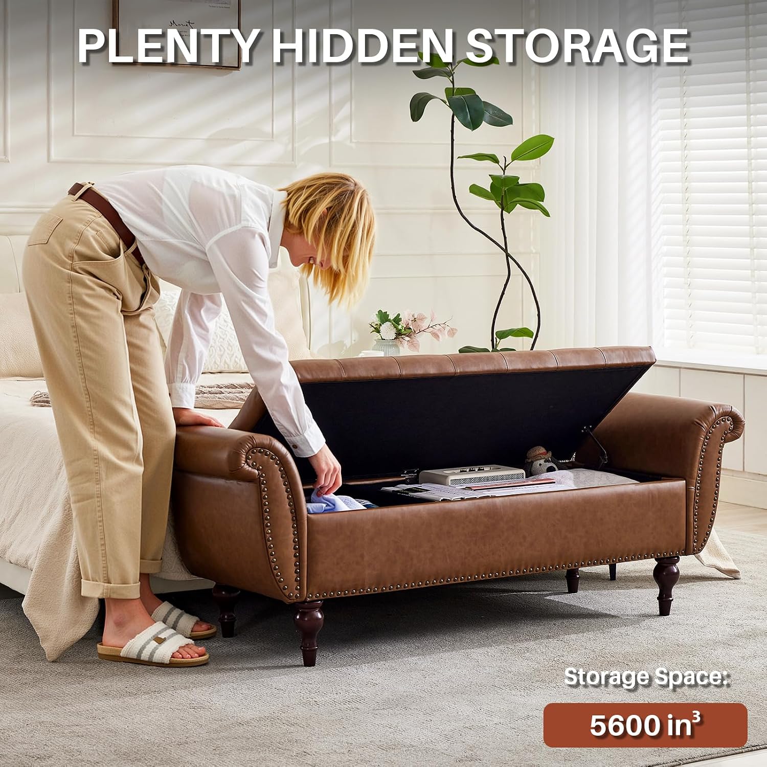 63.78" Inch Storage Bench for Bedroom Faux Leather End of Bed Bench with Storage Upholstered Ottoman Foot Rest with Rolled Arms for Bedroom Living Room Holds Up to 700 Lb Brown