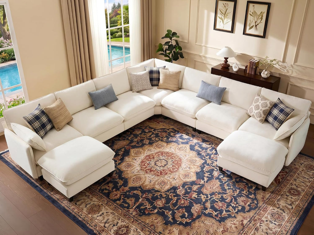 Ihanherry 139" Oversized V-Shaped Modular Sectional Couch, 9-Seater Cloud Sofa with Corner & Movable Ottoman, Large Cushions, Chenille Deep Seat Living Room Furniture Set, Beige