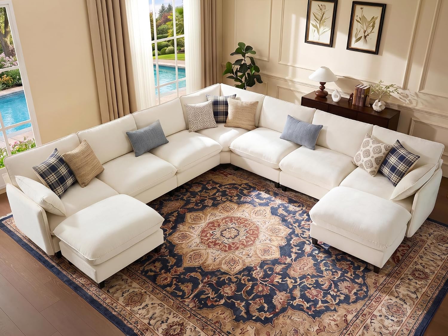 Ihanherry 139" Oversized V-Shaped Modular Sectional Couch, 9-Seater Cloud Sofa with Corner & Movable Ottoman, Large Cushions, Chenille Deep Seat Living Room Furniture Set, Beige