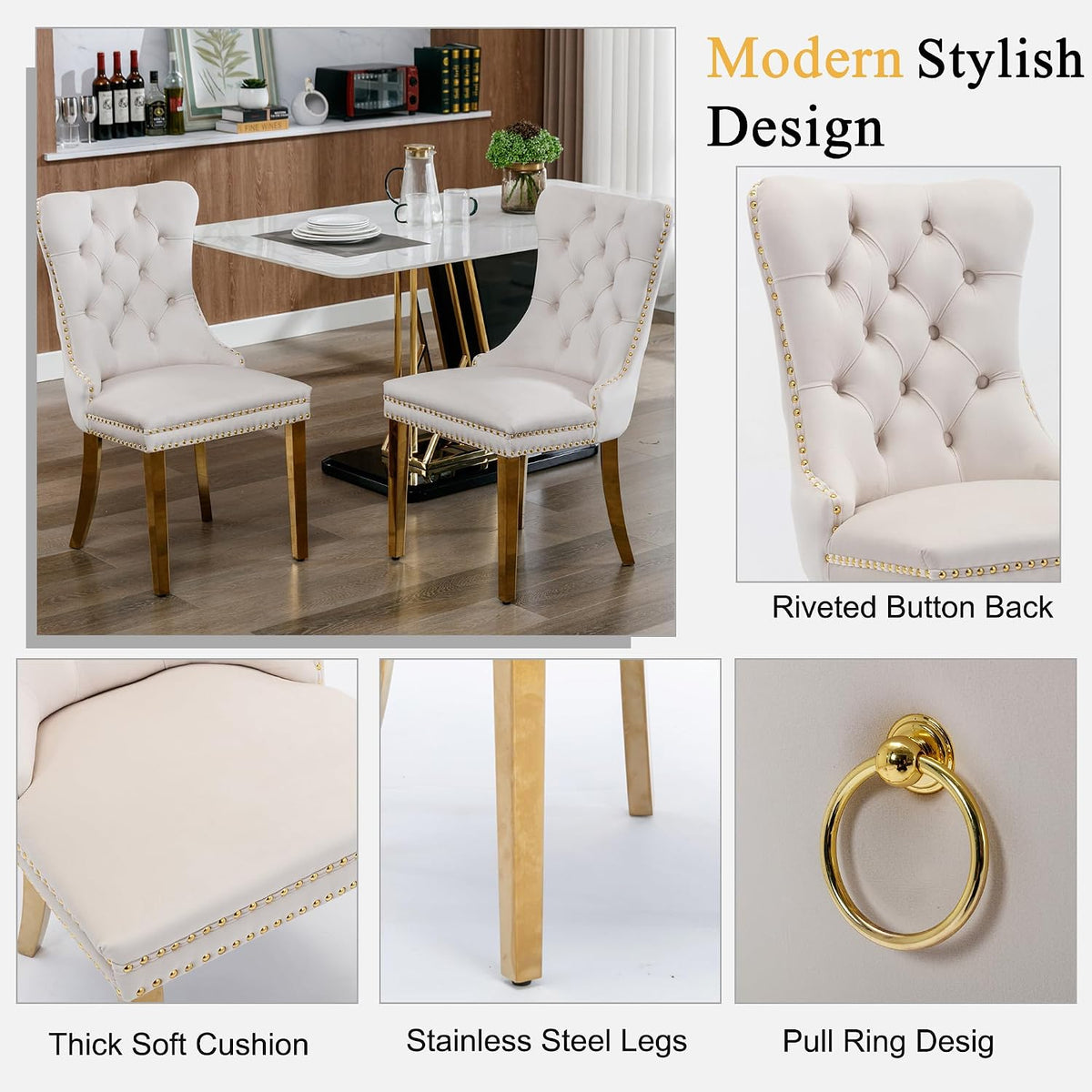 Round Glass Dining Table Set for 4, Small Kitchen Table Set for 4, 47" Circle Gold Glass Table and Chairs Set of 4,5 Piece Round Dining Room Table Set w/Beige Velvet Chairs for Breakfast Dinette Cafe