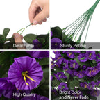Artificial Fake Hanging Flowers Plants for Outdoor Outside Summer Decoration, 2PCS Faux Silk Morning Glory Purple UV Resistant Look Real Trailing Vines for Home Planter Porch Patio