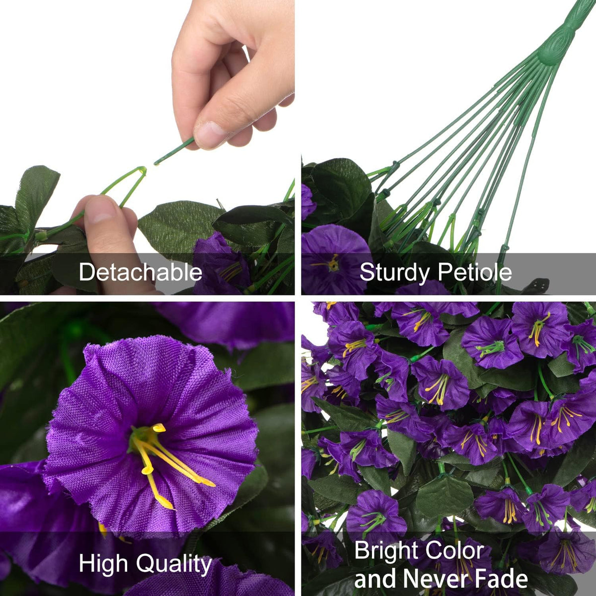 Artificial Fake Hanging Flowers Plants for Outdoor Outside Summer Decoration, 2PCS Faux Silk Morning Glory Purple UV Resistant Look Real Trailing Vines for Home Planter Porch Patio