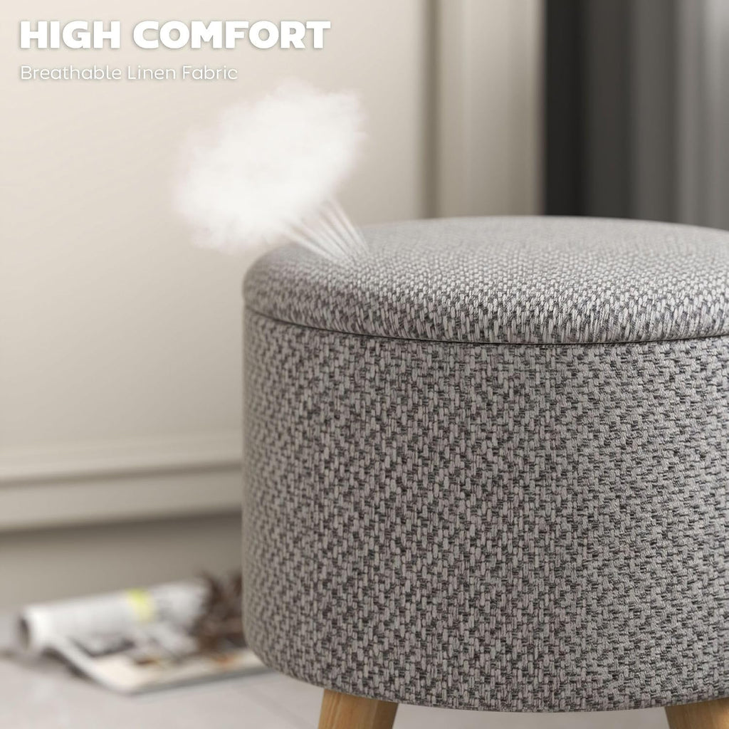 Light Gray Round Storage Ottoman with Hidden Lid and Linen Fabric