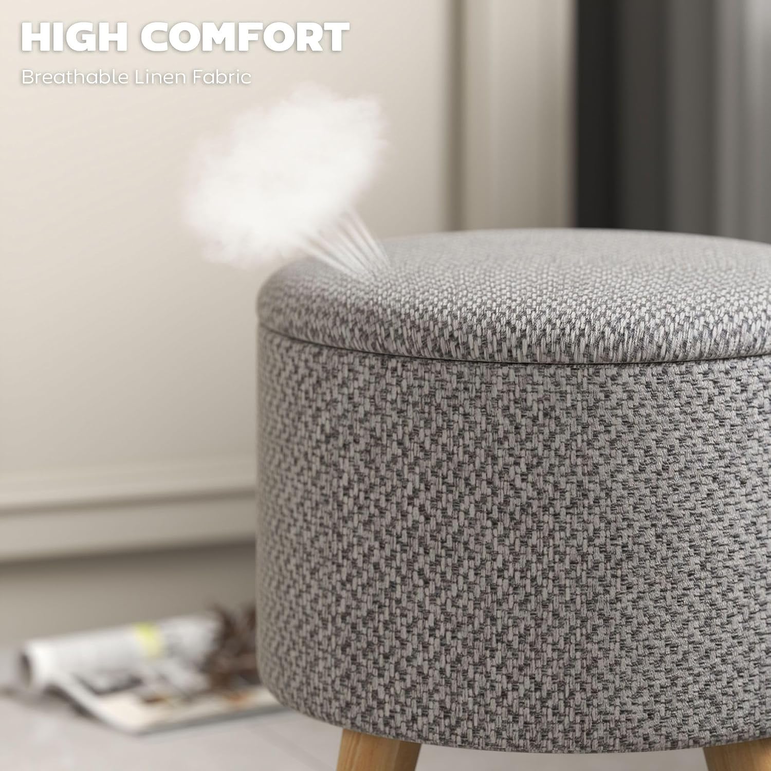 Light Gray Round Storage Ottoman with Hidden Lid and Linen Fabric