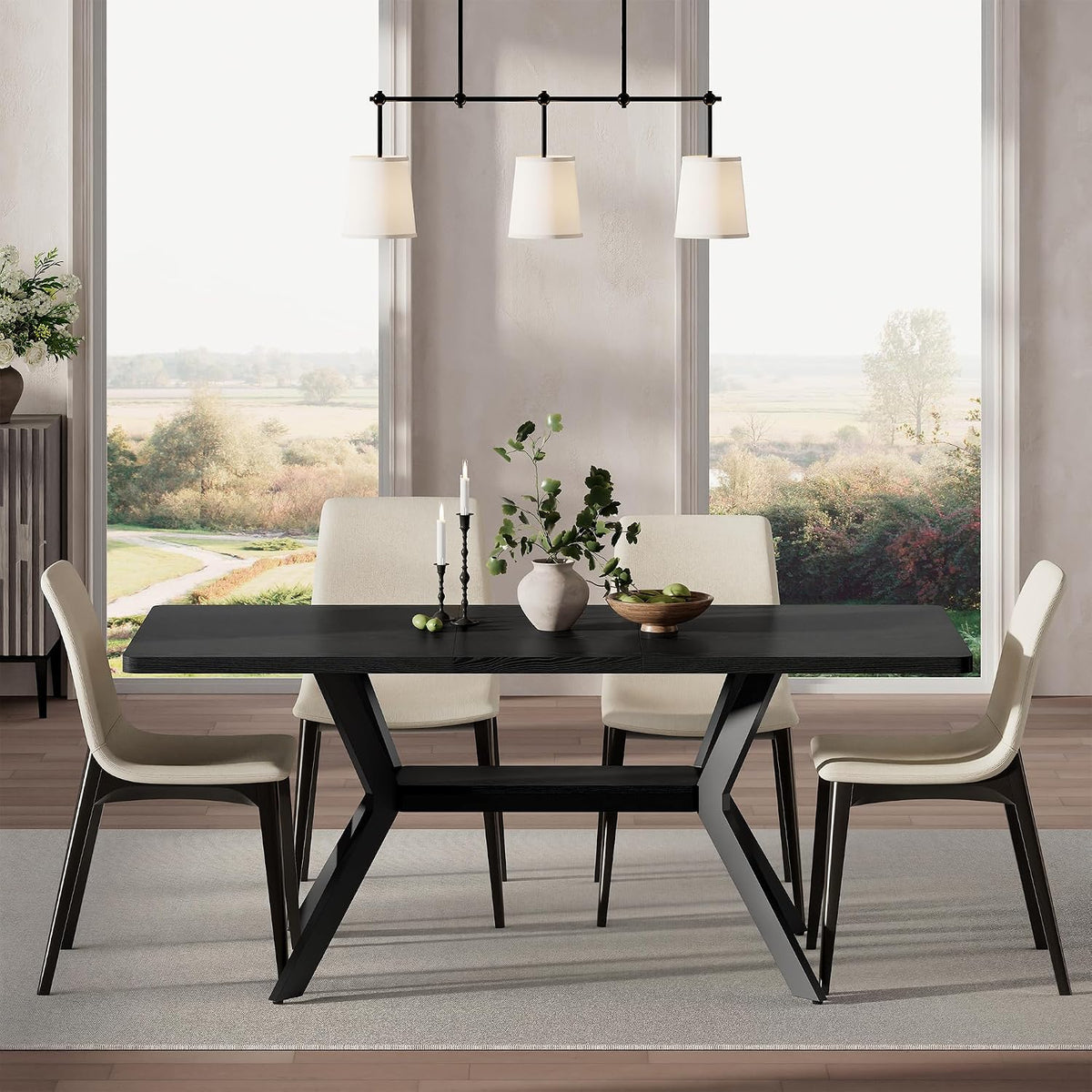MECHYIN Extendable Dining Table for 4-8, 55-71 in, Storage Shelf, Black | Flip Leaf Stores Under Top, No-Gap Metal Connectors, Chairs Tuck Under Pedestal Base, Wood-Grain MDF Top, Fits Apartments