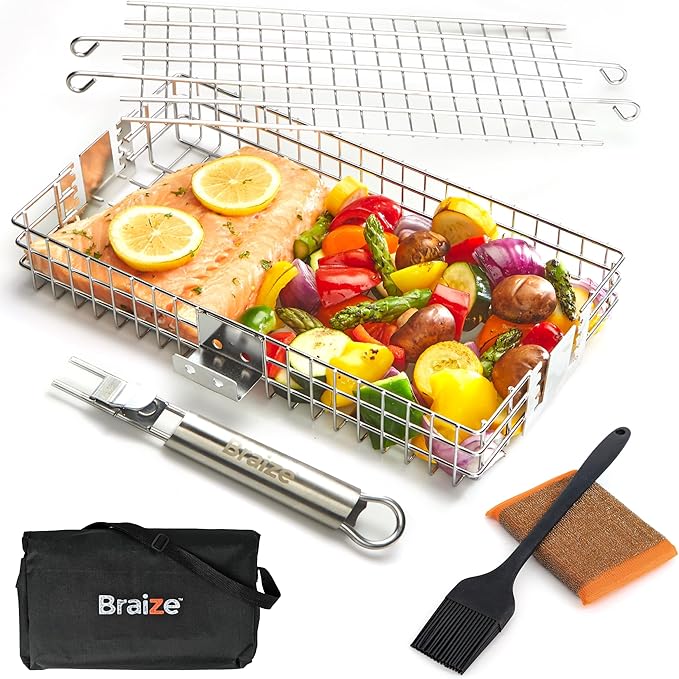Adjustable Grill Basket w/Removable Handle - 4 Levels of adjustment for endless cooking options - Accessories include basting brush, scrub sponge, & storage bag