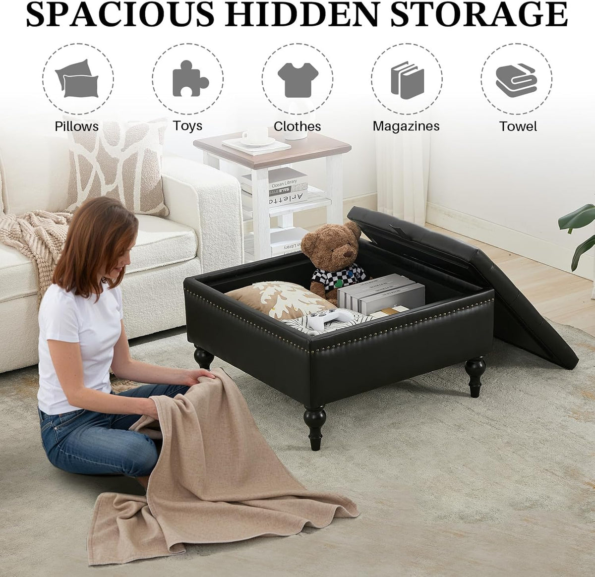 Storage Ottoman Coffee Table, Large Ottoman with Storage Oversized Square Footstool with Anti-Slip Embedded Lid, Tufted Upholstered Ottomans for Living Room, Black Faux Leather
