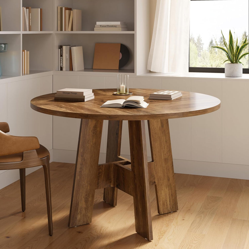 Farmhouse Round Dining Table for 4-6 People, 47" Wood Kitchen Table with Heavy Cross Pedestal Modern Circle Dinner Tables for Kitchen Living Room, Honey Brown