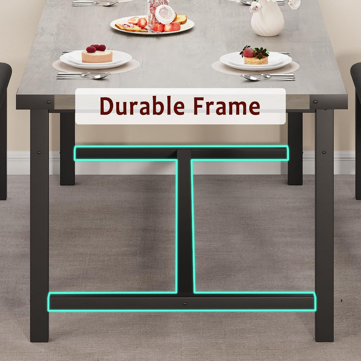 IDEALHOUSE 63" 3 Piece Extendable Dining Table Set for 4-6, Rectangle Wooden Kitchen Table with 2 Soft Benches Set for 6, Sturdy Metal Frame, Dinette Table Set for Apartment, Kitchen, Rustic Gray