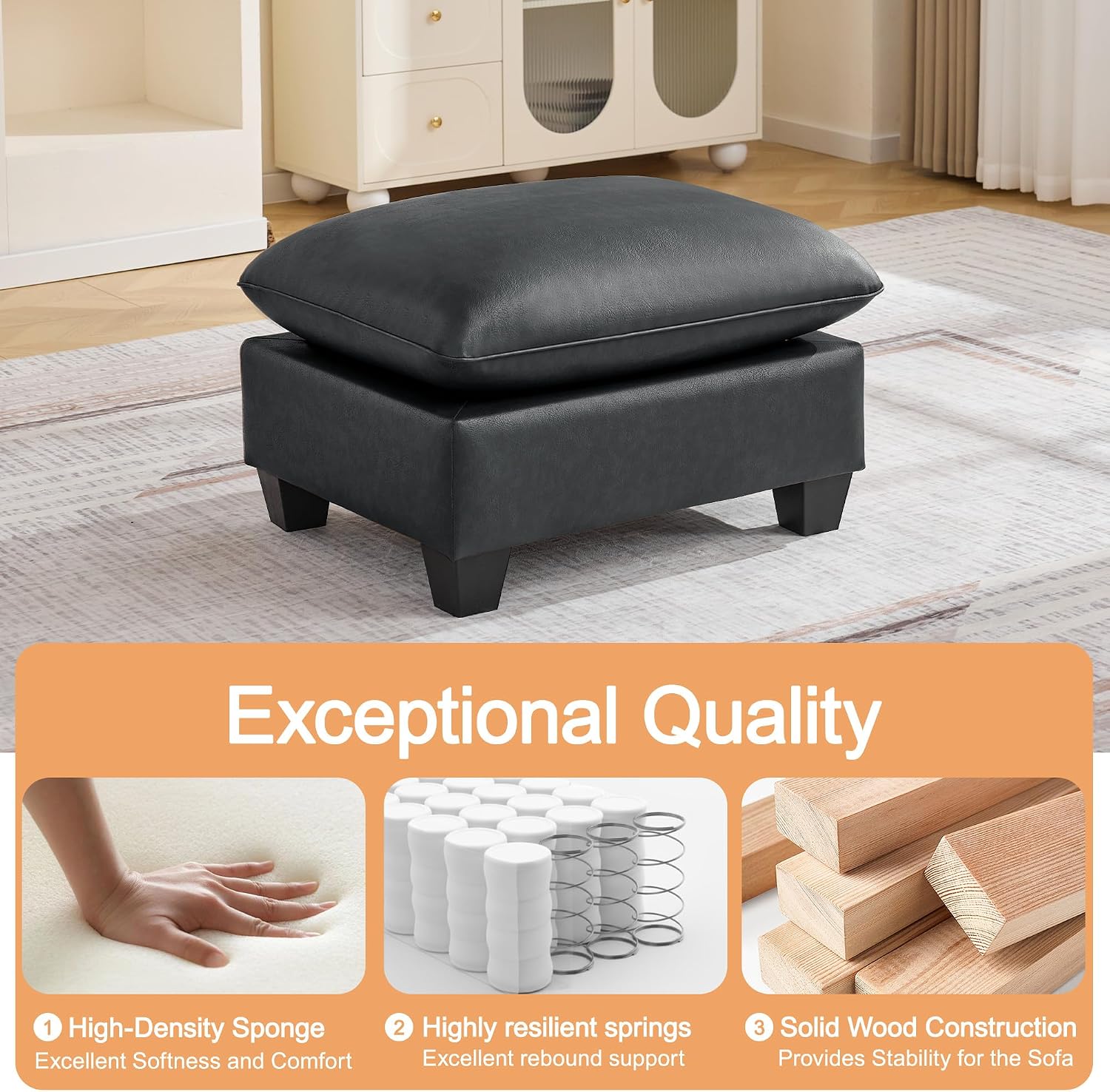 31.5" Faux Leather Large Square Ottoman, Oversized Upholstered Footrest for Living Room, Bedroom, Entryway, Black