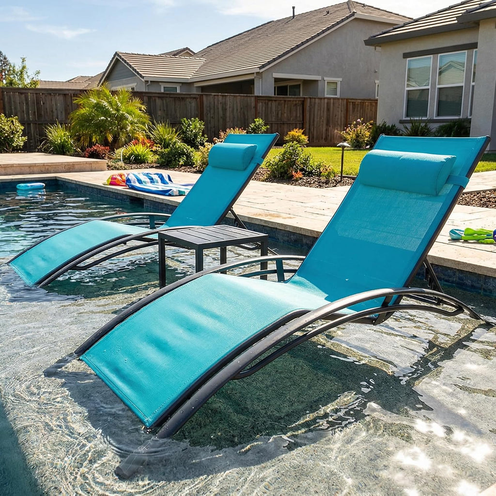 PURPLE LEAF Oversized Pool Chaise Lounge Set Outdoor Chair, Turquoise Blue | Wide Seat, Durable Aluminum Frame, UV Textilene Fades Less, Adjustable Headrest & 5 Recline Angles, S-Curve Backrest with Arm