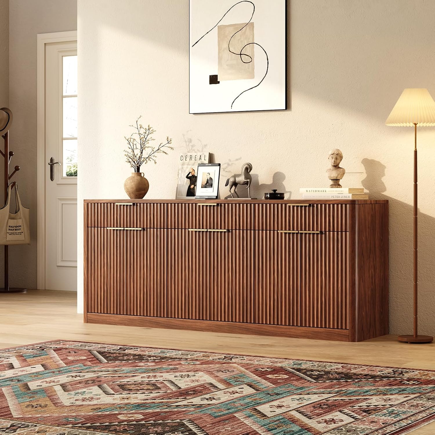 Evermagin 67" Fluted Walnut Sideboard Buffet Cabinet with 3 Drawers, Modern Credenza with Storage, Console Coffee Bar Cabinet for Kitchen, Living Room and Entryway (67" W x 31.5" H x 15.7" D)