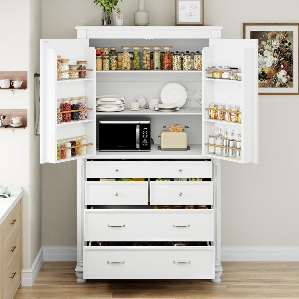 Freestanding 77.3" Tall Storage Cabinet, Wooden Pantry，White | Retro Large Kitchen Pantry, 2 Adjustable Shelves, 5 Drawers, 6 Door Shelves