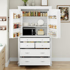 Freestanding 77.3" Tall Storage Cabinet, Wooden Pantry，White | Retro Large Kitchen Pantry, 2 Adjustable Shelves, 5 Drawers, 6 Door Shelves