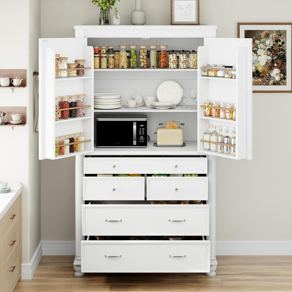 Freestanding Large Kitchen Pantry,Tall Storage Cabinet Cupboard with 6 Door Shelves, 2 Adjustable Shelves and 5 Drawers,for Dining Room (White-W)