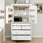 Freestanding Large Kitchen Pantry,Tall Storage Cabinet Cupboard with 6 Door Shelves, 2 Adjustable Shelves and 5 Drawers,for Dining Room (White-W)