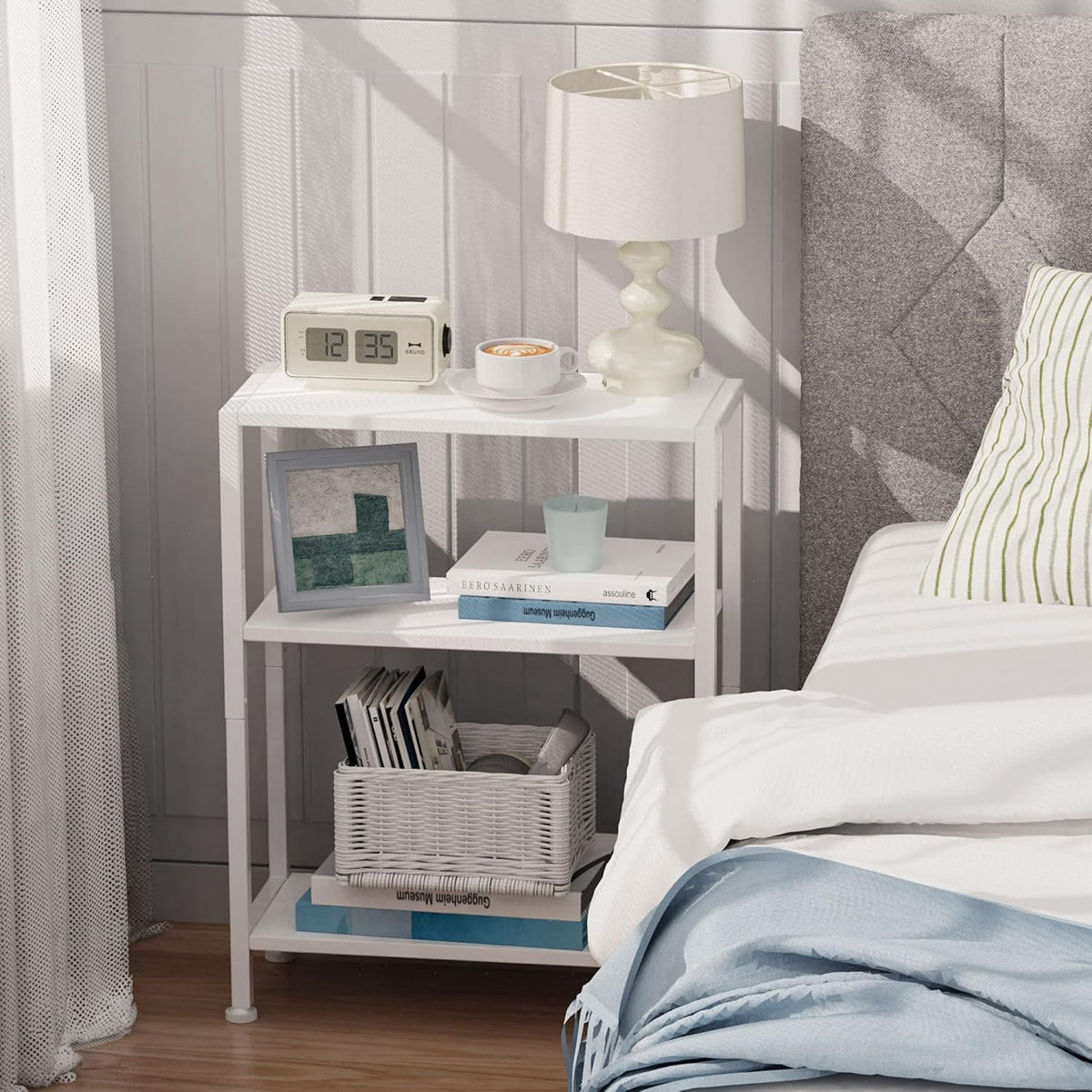3-Tier Side Table Set of 2, Small End Table, Sofa Side Table for Narrow Spaces, Slim End Table, Nightstand Table, for Living Room Bedroom Office, White