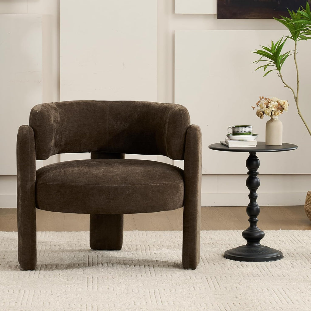 Modern Accent Barrel Chair,Mid Century Single Armchair with Curved Backrest Upholstered Side Reading Chair with 3 Legs Comfy Sherpa Chair for Bedroom Home Office Living Room (Brown)