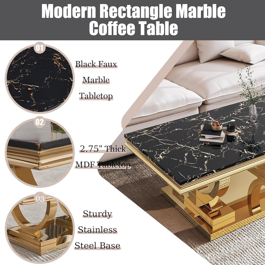Marble Coffee Table Set of 3, Includes 1 Coffee Table with 2 Square End Side Tables, Luxury 3 Piece Living Room Table Set with Black Faux Marble Tabletop & Gold Stainless Steel Base