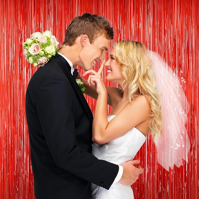 Red Tinsel Backdrop, 2Pack Fringe Curtains, Red Foil Tinsel Party Streamer Backdrop Curtains, Engagement Wedding Photo Backdrop Party Decorations for Wedding Anniversaries Christmas Baby Shower Decors