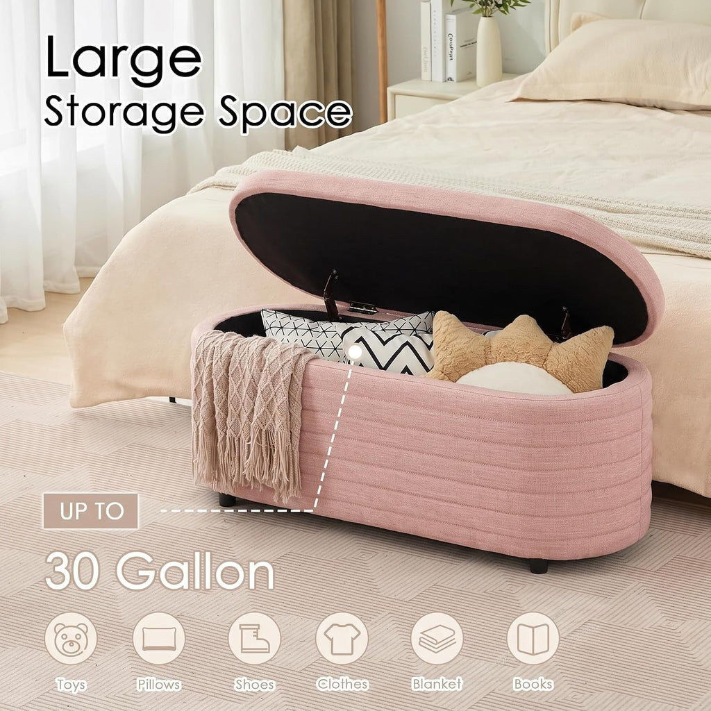 45.5" Modern Storage Ottoman Bench, Pink | Boucle Bench, Linen Fabric, Slow-Close Safety Hinge, Hidden Storage, Upholstered Seat, for Living Room Entryway End of Bed