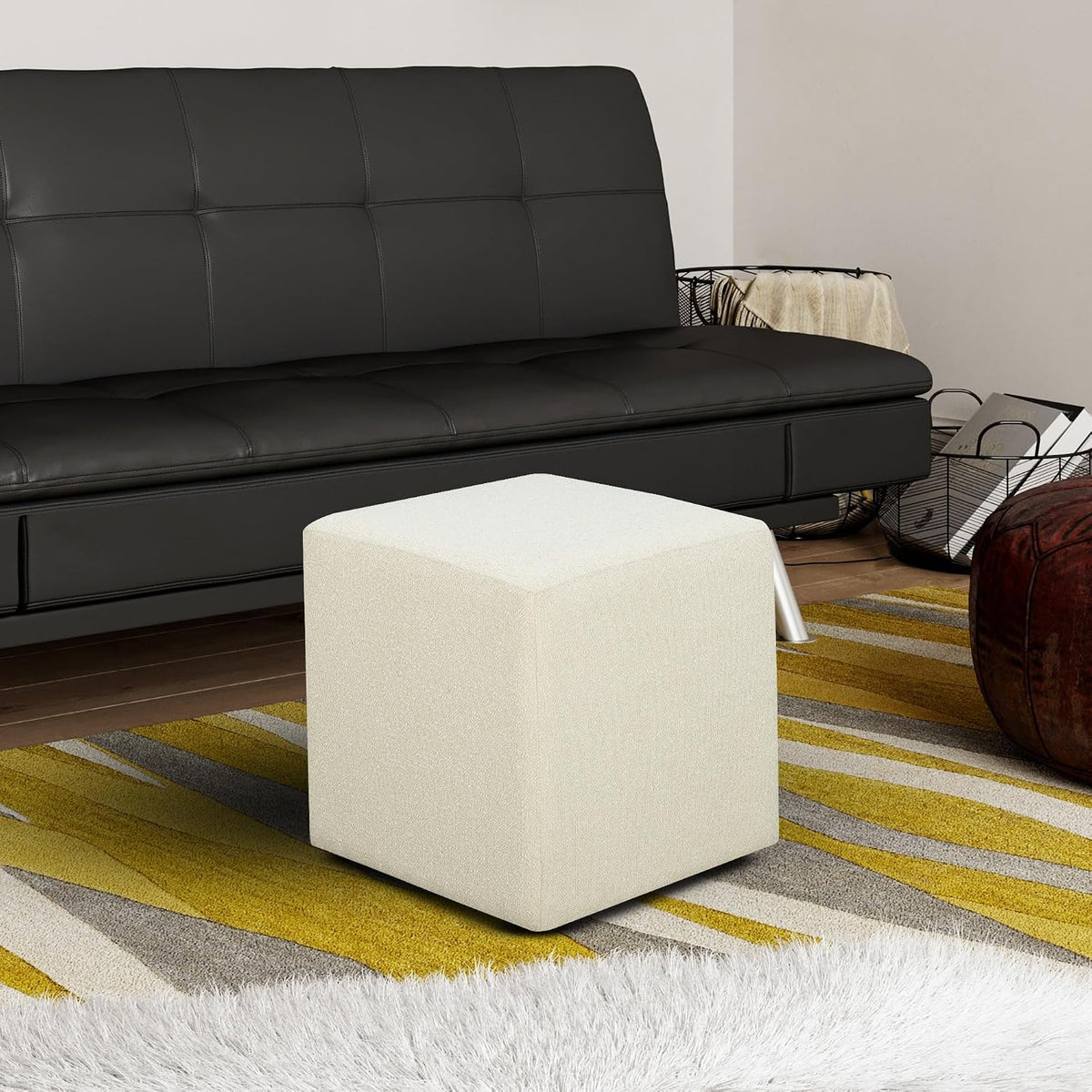 Studio Living Warren 18" Cube Ottoman, Urban Transitional, Fully Assembled, Soft Boucle Fabric, Snow