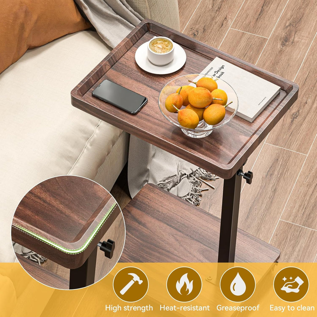 C Table End Table Adjustable Height, 360°Swivel TV Tray Table for Small Spaces, Couch Tables That slide under, C Shaped Side Tables living room and bedroom for Sofa, Bed,Chair, Snack (1, Walnut Brown)