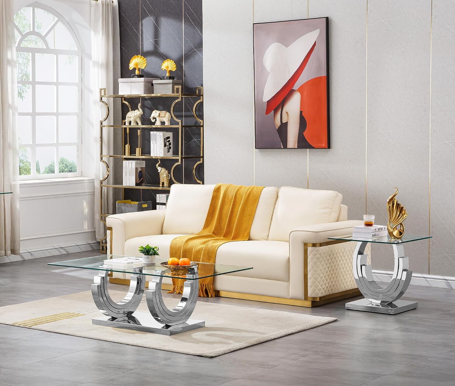 SSLine 1 Piece Living Room End Table Luxury Glass Side Table, Modern Silver End Table with Ring-Shape Stainless Steel Pedestal Base for Living Room Bedroom Office(1 End Table)