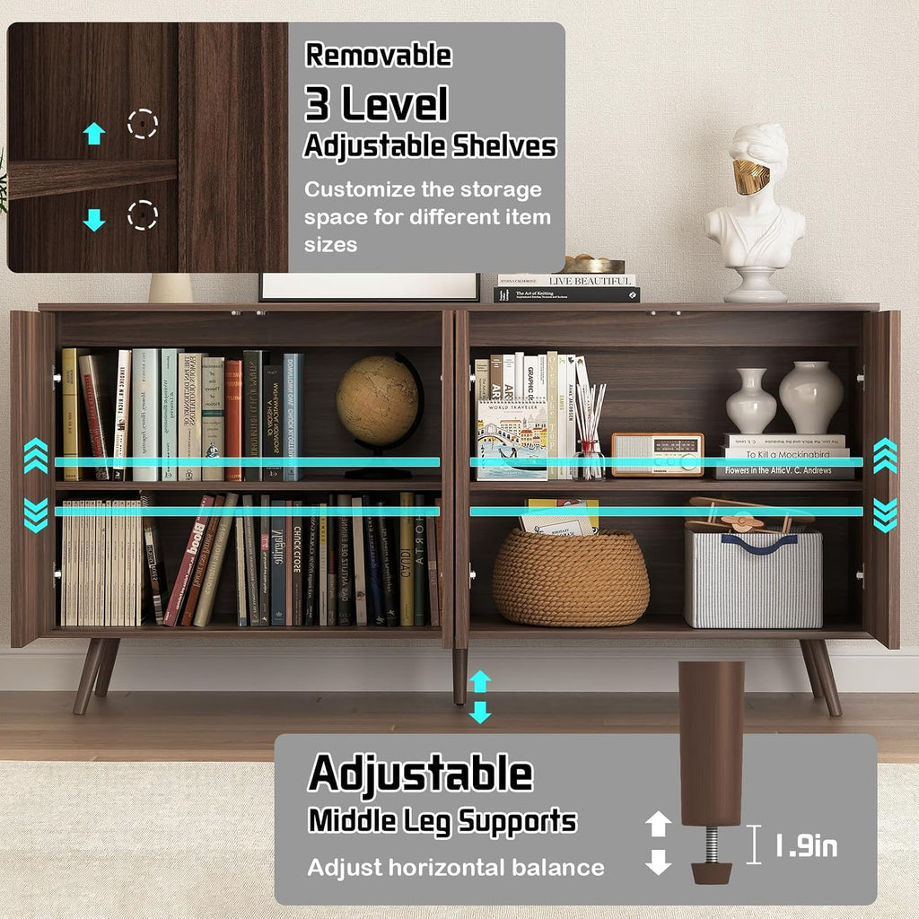 59" Buffet Cabinet with Storage, Modern Kitchen Buffet Sideboard with 4 Doors, Wood Coffee Bar with Adjustable Shelves, Kitchen Storage Cabinet with Adjustable Legs for Living Room (Walnut)