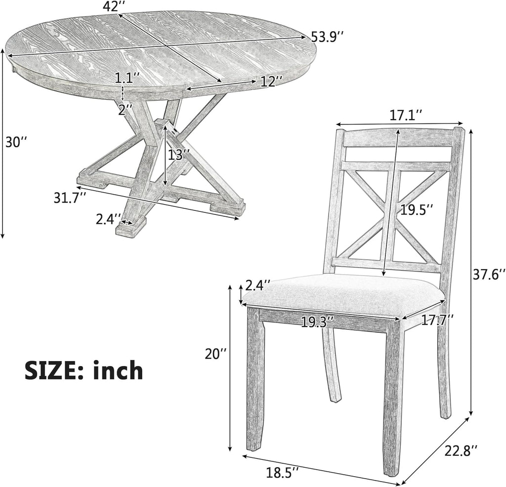 Merax Extendable Round Dining Table Set for 4, Farmhouse Kitchen Table Set with 4 Upholstered Chairs for Kitchen, Dining Room, Living Room, Grey