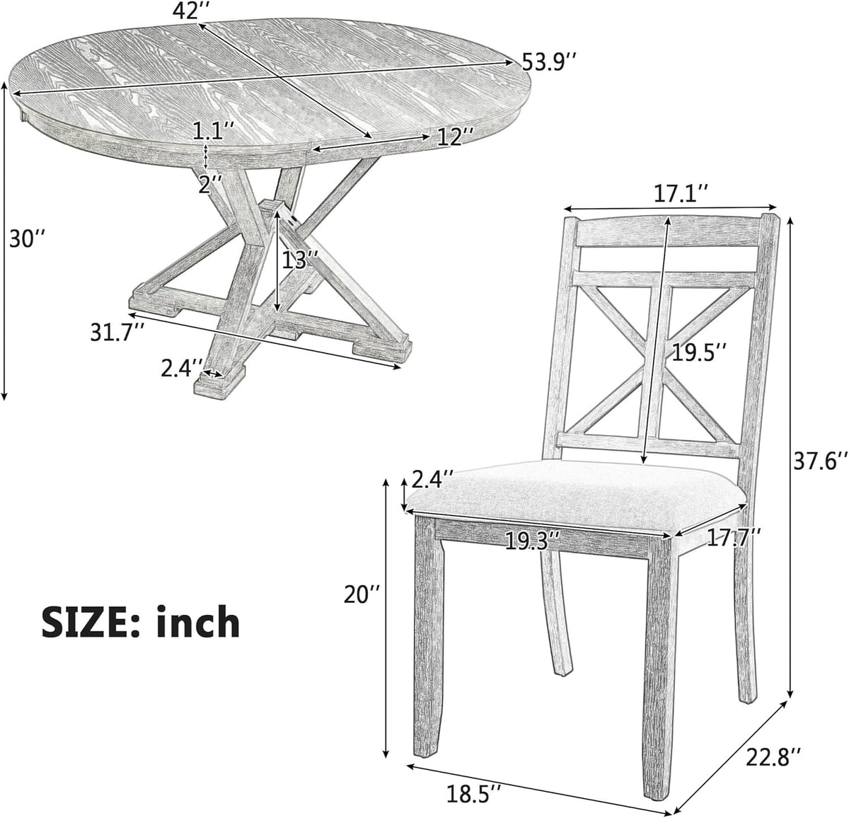 Merax Extendable Round Dining Table Set for 4, Farmhouse Kitchen Table Set with 4 Upholstered Chairs for Kitchen, Dining Room, Living Room, Grey