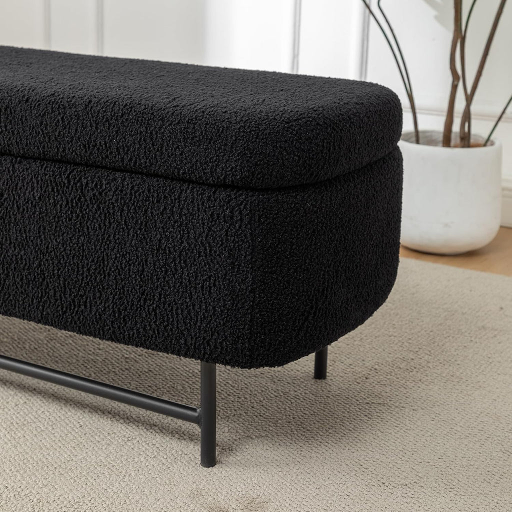 56" Boucle Storage Bench for Bedroom, Upholstered Teddy Ottoman Bench, Modern Extra Long Storage Bench for End of Bed/Entryway/Livingroom/Window (Black)