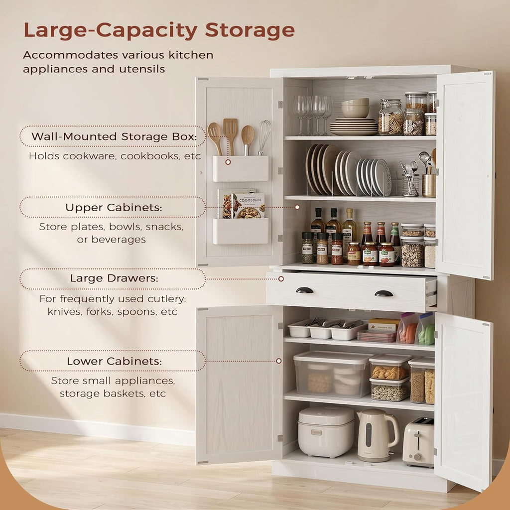 IRONCK 72.6" Tall Farmhouse Kitchen Pantry with Drawer and Adjustable Shelves, Freestanding Storage Cabinet with X-Design Doors, Large Floor Cupboard for Kitchen, Dining Room, White