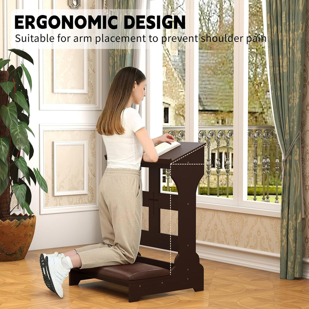 Prayer Kneeler, Wooden Prayer Bench Stool with Shelf and Cushion, Padded Kneeler Shelf for Kneeling at Home, Church Prayer Bench Stool Table