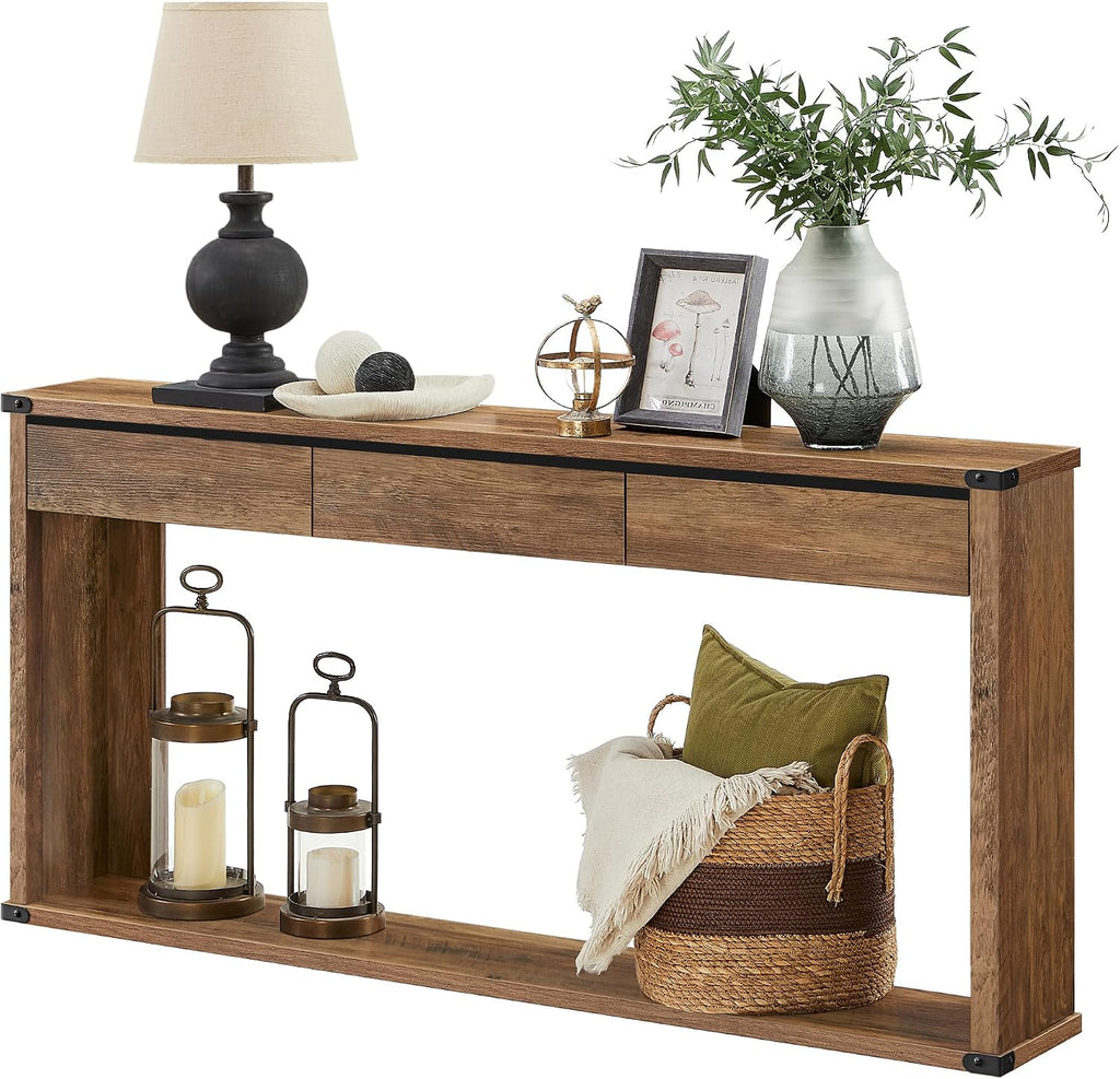 VASAGLE 63" Console Table with 3 Drawers, Entryway Table, Bottom Shelf | Narrow Sofa Table Behind Couch, Metal Corners, for Living Room, Bedroom, Farmhouse Style, Honey Brown ULNT146KB01S