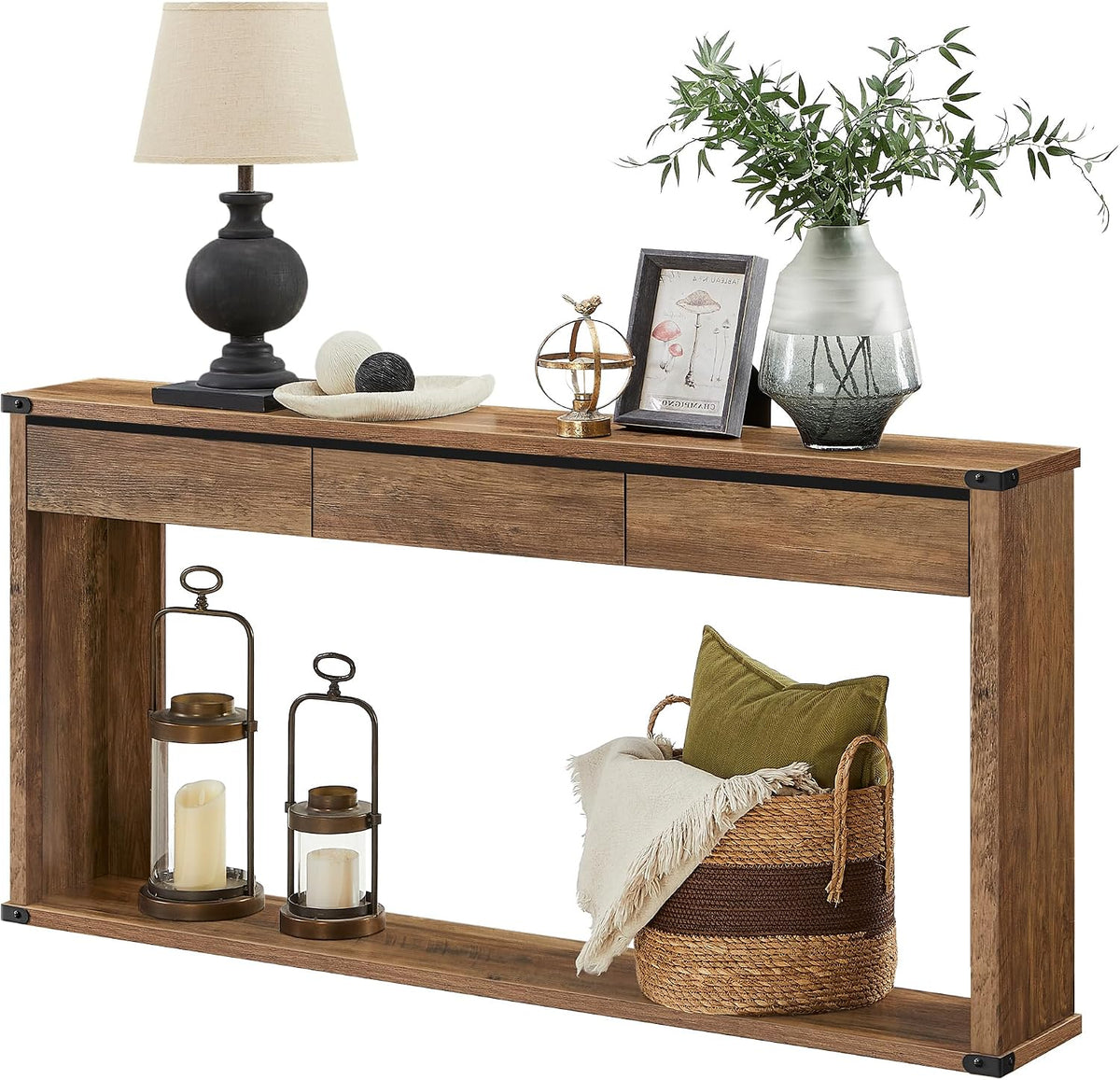 VASAGLE 63" Console Table with 3 Drawers, Entryway Table, Bottom Shelf | Narrow Sofa Table Behind Couch, Metal Corners, for Living Room, Bedroom, Farmhouse Style, Honey Brown ULNT146KB01S