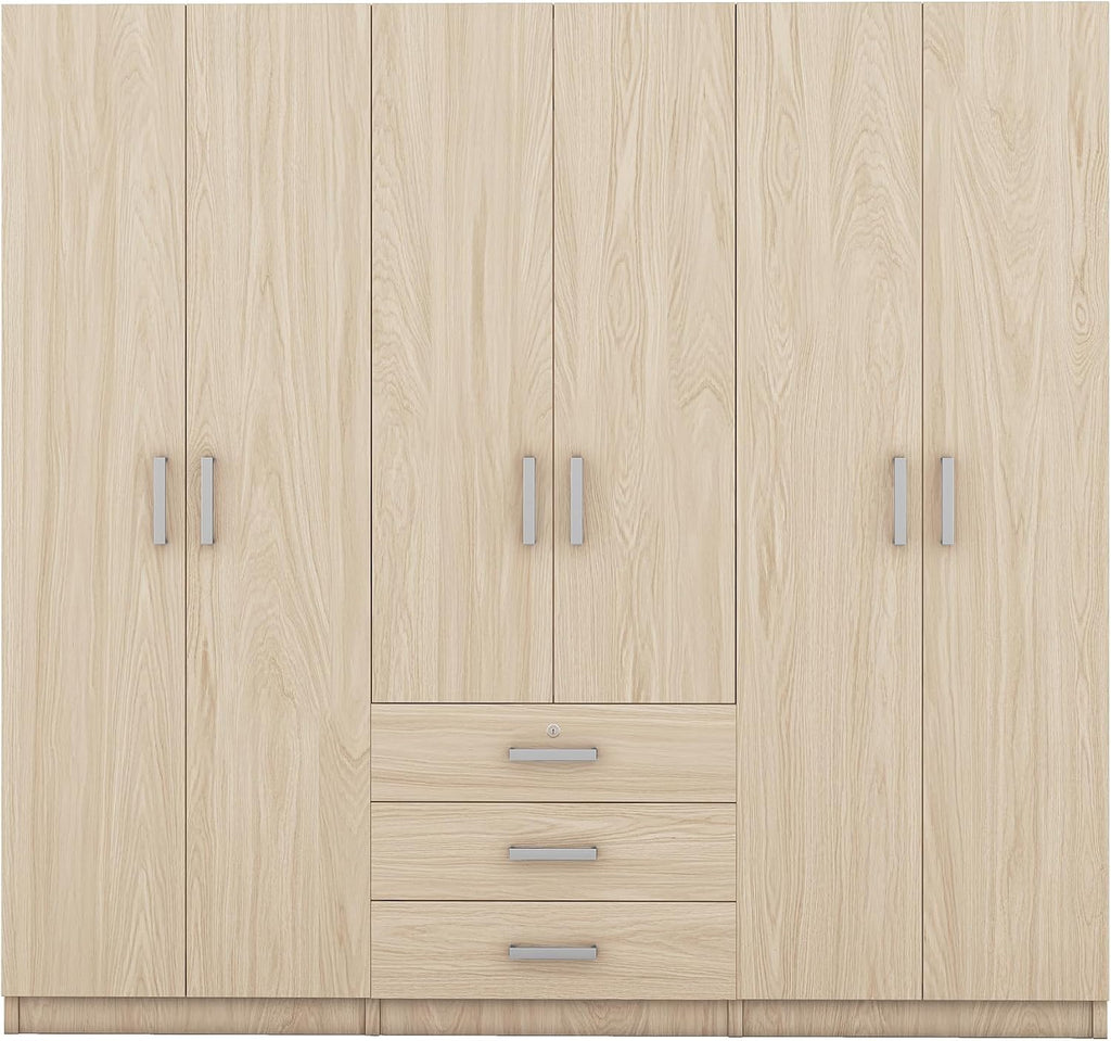 Merax Large 6 Doors Wooden Wardrobe, Bedroom Tall Armoire Closet Organizer with Big Drawers, Hanging Rails and Shelves, Clothes Storage Cabinet for Garage & Laundry Room, Natural