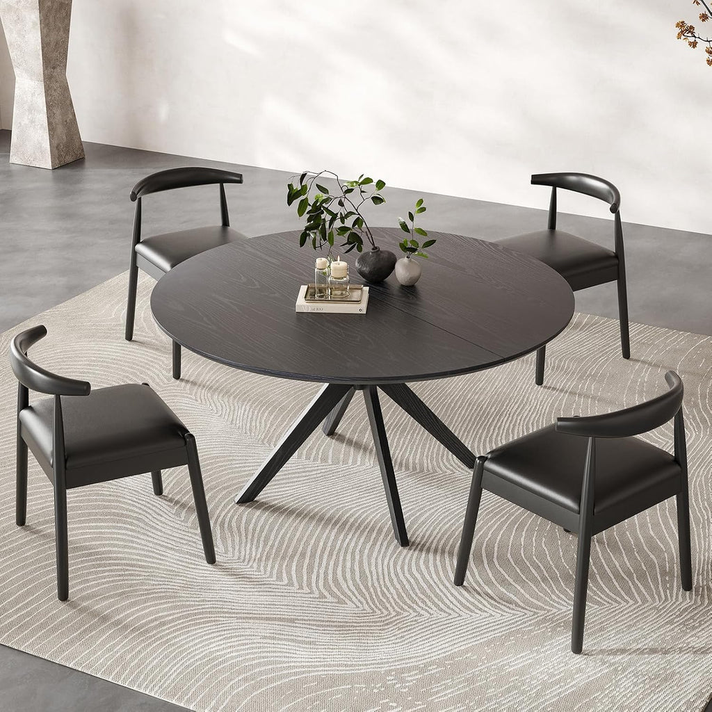 Round Dining Table 47 in for 4 to 6 People, Solid Wood Kitchen Table with Intersecting Pedestal Base and Floor Protection, Modern Round Dining Room Table for Apartment or Nook, Black