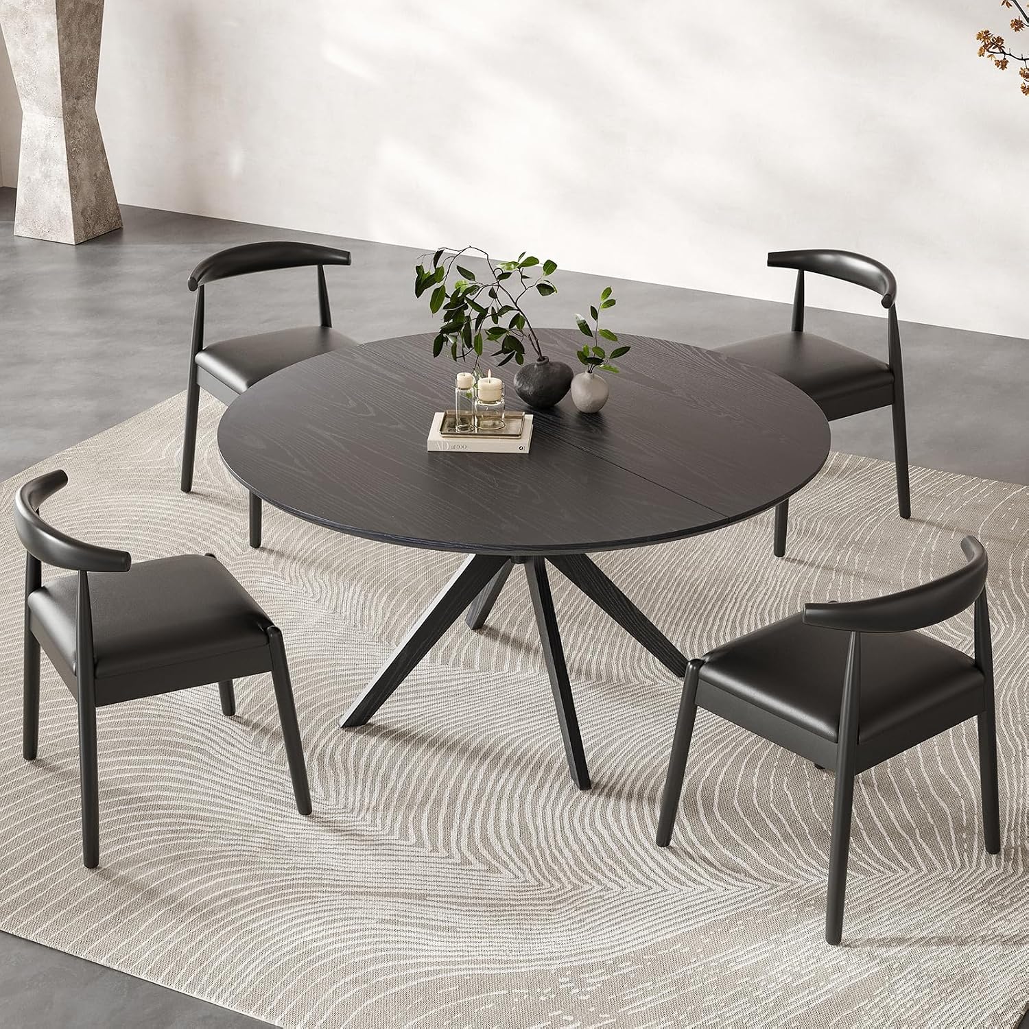 Round Dining Table 47 in for 4 to 6 People, Solid Wood Kitchen Table with Intersecting Pedestal Base and Floor Protection, Modern Round Dining Room Table for Apartment or Nook, Black