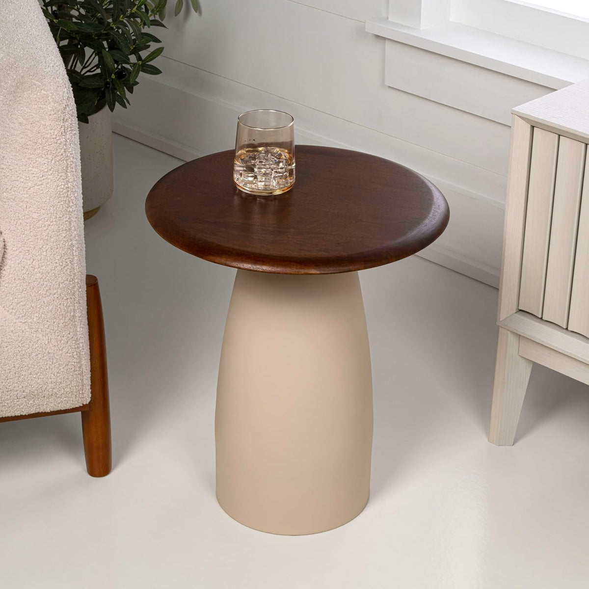 Eyely DNE5001B Athena 18" Modern Rustic Round Wood/Metal Accent Table, Side Table, End Table for Living Room, Bedroom, Walnut Wood/Warm Ivory