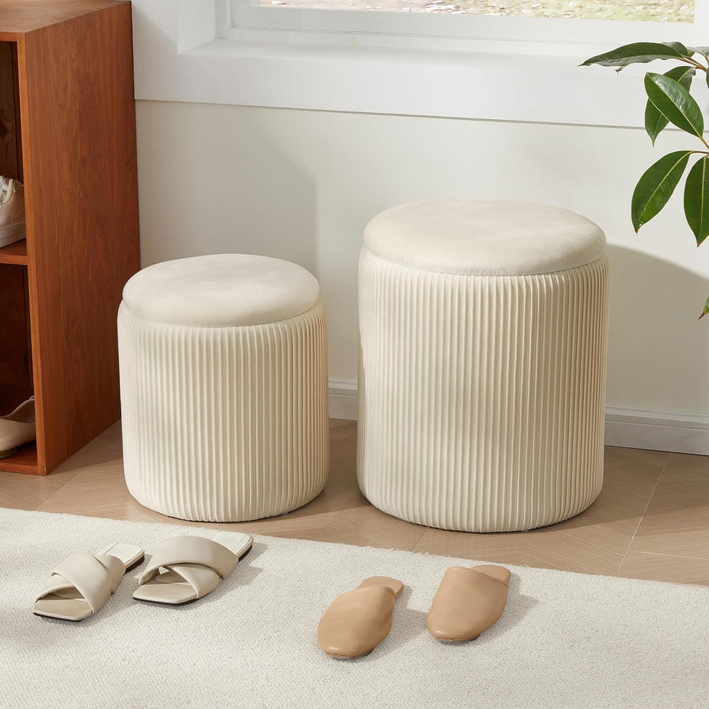 Royal Windsor Round Ottoman with Storage Set of 2,Vanity Stool with Storage for Bedroom, Ottoman Coffee Table,Small Velvet Foot Stool for Living Room, Beige