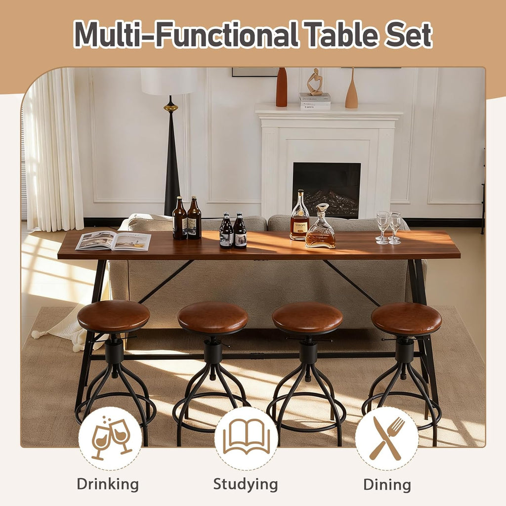 Karl home 83.8" Bar Table and Chairs Set, Sofa Table with 4 PU Stools, High Top Counter Height Table with Chairs for Kitchen Breakfast, Bistro, Dining Room, Living Room, Brown