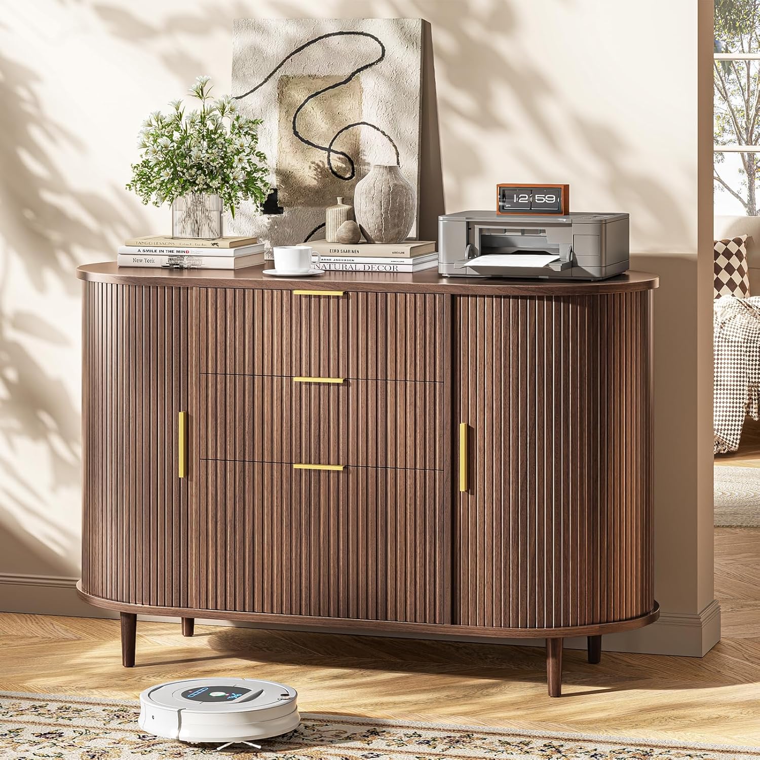 Halitaa 3-Drawer File Cabinet with 2 Sliding Doors, 39.37" Lateral Wood Filing Cabinet for Home Office and School, Printer Stand with Storage for Letter/A4 Hanging Files, Walnut