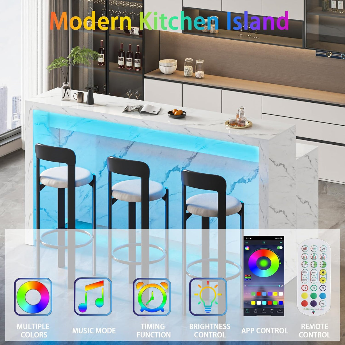 70.9" Large Faux Marble Dining Table with LED Lights, White Counter Height Kitchen Island Table with Power Outlets & USB Ports, Modern Bar Table for Kitchen Dining Room Apartment